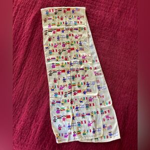 Silk Scarf with Multicolor Flag & Character Print - Cream